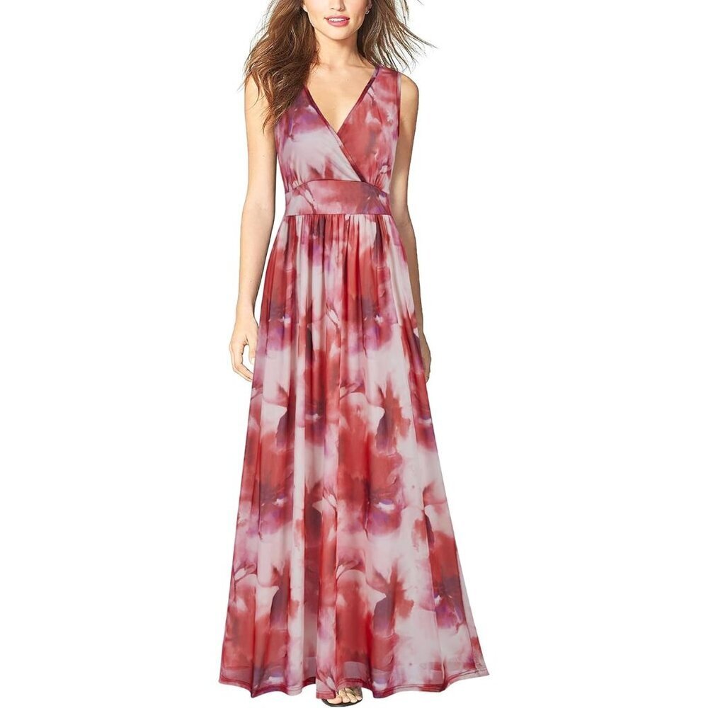 Women's Dream Flowers Sleeveless Deep V Neck Mesh Plain Long Maxi Casual Dress